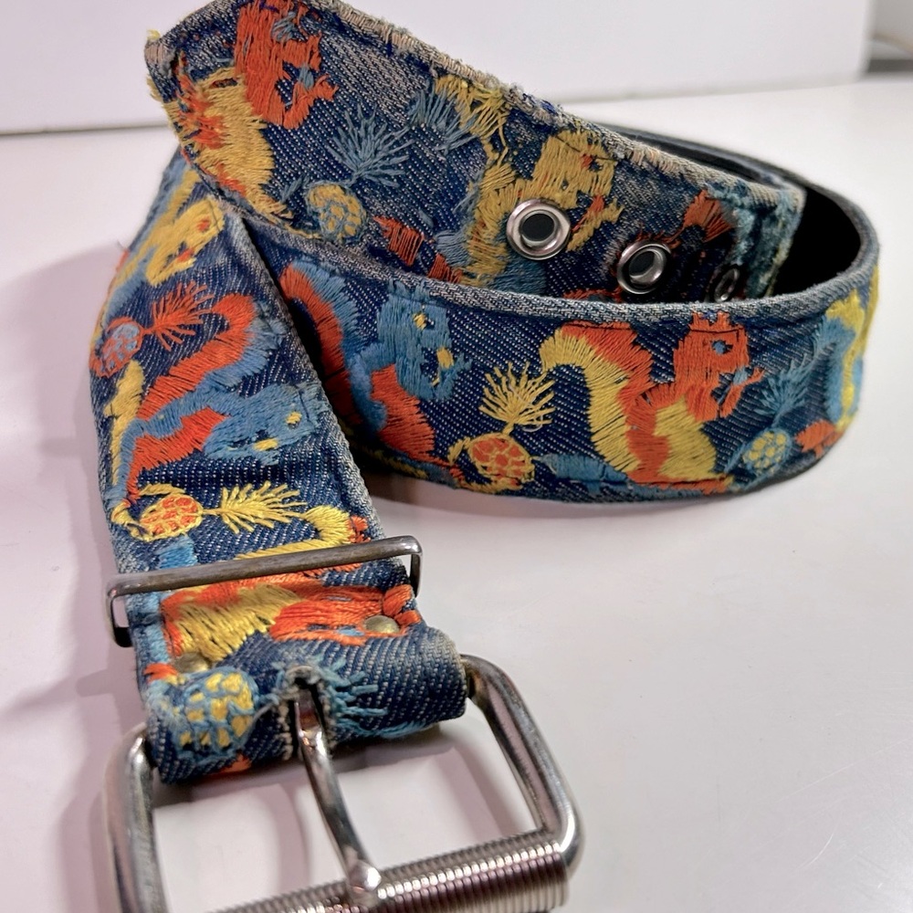 Denim Belt with Colourful Embroidered Squirrel Pattern Size 36 Unisex